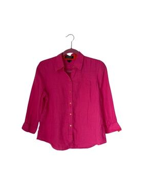 Lauren Ralph Lauren Womens Hot Pink 100% Linen Button Down Shirt Crest Petite M